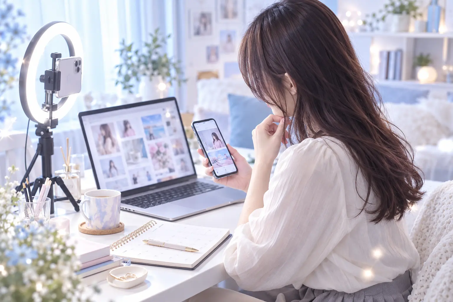 スマートフォンで相談する女性